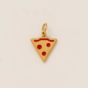 Detailed view of a gold pizza slice pendant with red enamel on a white background