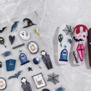 5D Halloween nail stickers featuring ghosts and bats with glitter relief effect