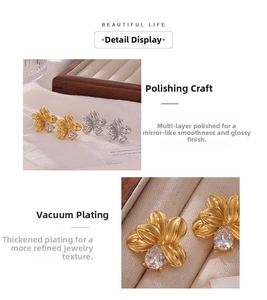 Detailed view of flower earrings with vertical textures and teardrop cubic zirconia