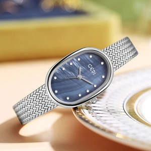 Elegant silver oval watch with blue mother-of-pearl dial and crystal markers