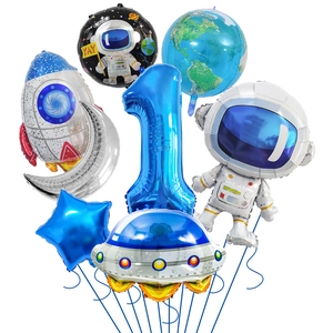 Detailed set of space balloons including astronaut, rocket, and earth for party decor
