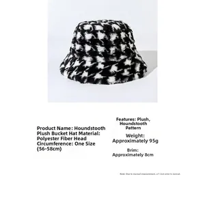 Detailed specifications for the plush houndstooth bucket hat in black and white finish.