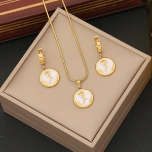 Vintage rose pendant necklace and earrings set with white enamel in gold finish
