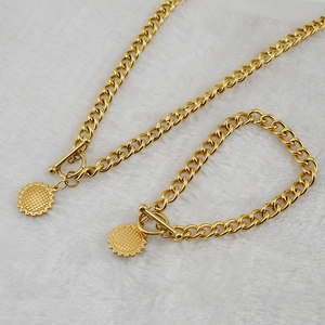 18K gold plated Cuban chain necklace and bracelet set with sunflower coin toggle clasp