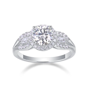 Macro shot of 925 silver halo ring with moissanite center stone and diamond side accents
