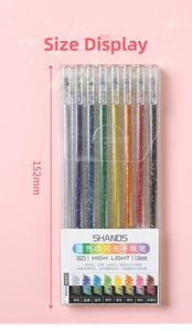 Detailed view of 8-color 1.0mm glitter gel pens showing 152mm size and metallic ink