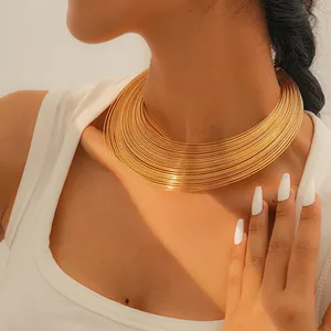 Minimalist multilayer gold choker necklace featuring parallel metallic wires for women