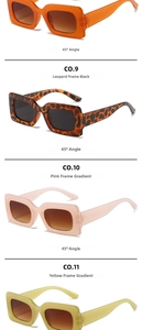 Detail view of retro square jelly sunglasses in leopard, orange, pink, and yellow frames