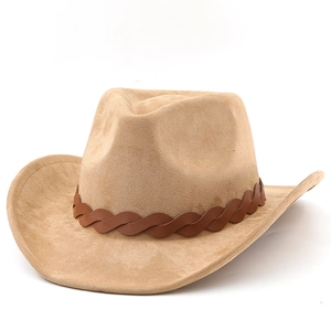 Chapeau de cowboy western classique en suédine beige avec bande en cuir tressé pour adultes