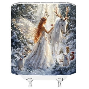 Close-up of winter wonderland print on shower curtain with fairy and unicorn