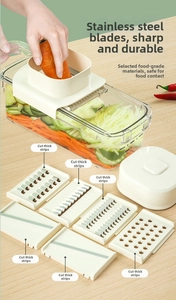Close-up of multifunctional vegetable slicer set with 6 sharp stainless steel blades