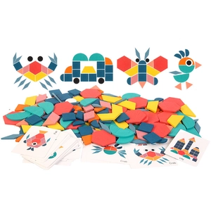180-piece wooden geometric puzzle set with colorful blocks and creative pattern cards