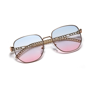 Square gold frame sunglasses with blue-pink gradient lenses and chain-style metal temples