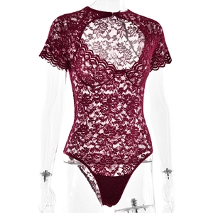 Close-up of wine red lace bodysuit featuring floral hollow-out neckline and short sleeves