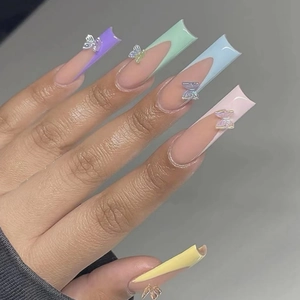 Long Coffin Press On Nails Rainbow French Tips 3D Butterfly Rhinestone Sweet Macaron Colors Full Cover False Nails