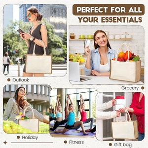 Collage of printed canvas tote bags used for grocery, holiday, fitness and gift bags