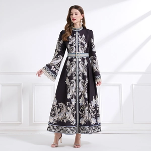 Vintage court-style paisley print maxi dress with stand collar and waist belt