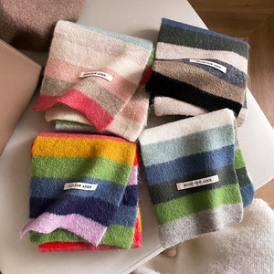 Korean Style Rainbow Stripe Knitted Scarf For Women Winter Warm Color Block Acrylic Neck Wrap Student Fashion Scarf