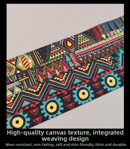 Detail of colorful woven phone strap with ethnic patterns showing durable canvas texture