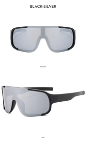 Front and side views of stylish black and silver outdoor cycling sports sunglasses