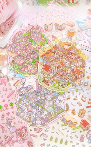 Detail view of large cat town stickers featuring cute castles and theme park scenery