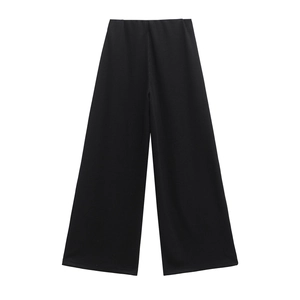 Pantaloni da donna a vita alta con gamba larga in maglia a coste nere verticali