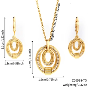 Detailed view of gold jewelry set with micro-pave oval pendants and full size specifications