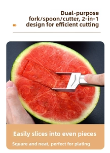 Close-up of stainless steel watermelon slicer cutting fruit into uniform cubes on black
