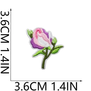 Detailed view of pink rose bud embroidery patch with 3.6cm size measurement display