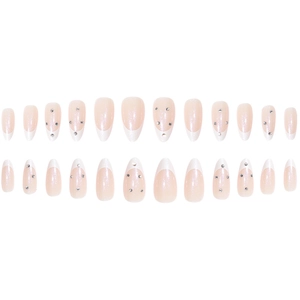 Aurora white French almond press-on nails with glitter coating and small rhinestones