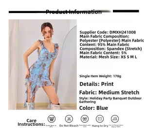 Detail view of blue floral mesh dress fabric composition and washing instructions