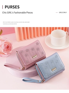 Short women's wallets with flower embroidery and wristlet strap on a soft pink background