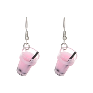 Creative pink bubble tea drop earrings with silver metal hooks and black pearl details