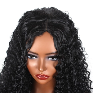 Detailed view of voluminous black long curly wig with a middle part on a model head