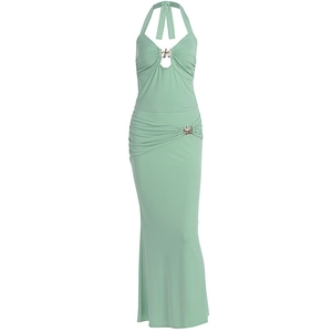 Mint green halter neck bodycon dress with starfish metal detail and ruched mermaid hem