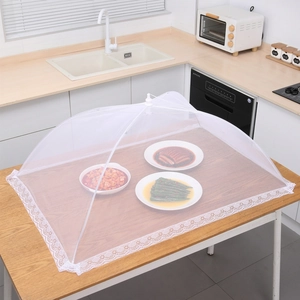 Foldable rectangular mesh food cover with white lace trim protecting three meal plates