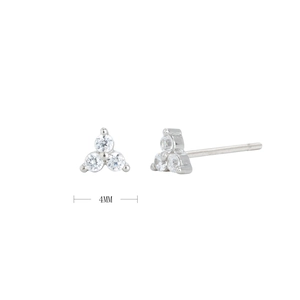 Detail view of 4mm S925 sterling silver triangle stud earrings with three sparkling zircons