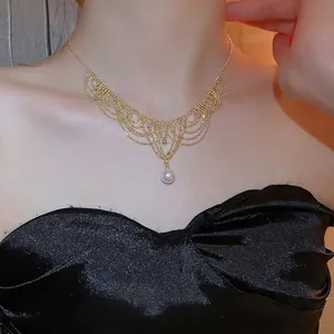 Elegant Vintage Palace Lace Mesh Woven Choker Necklace Gold Plated Alloy With Round Imitation Artificial Pearl Pendant For Women