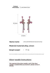 Detailed view of pink zircon butterfly tassel earrings with 8.2cm height specifications