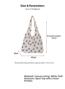 Detailed size chart for white floral canvas tote bag showing dimensions and pocket structure