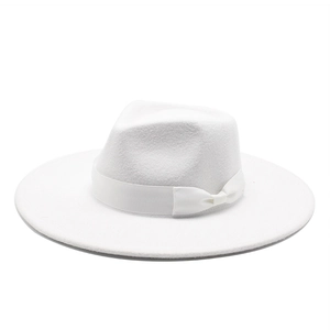 Elegant white wide brim wool felt jazz hat with a stylish satin bow ribbon decoration