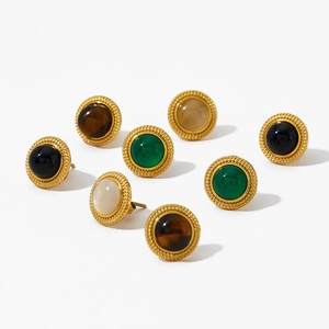 Minimalist gold plated stainless steel round earrings with colorful natural stones