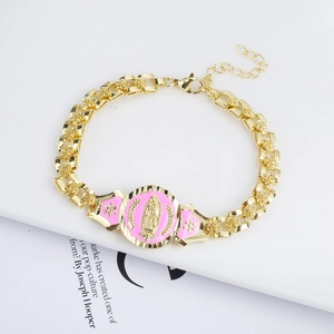 Detail of 18K gold rose chain bracelet with pink enamel Virgin Mary religious pendant