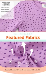 Detail of soft breathable combed cotton fabric with purple polka dots on girls dress