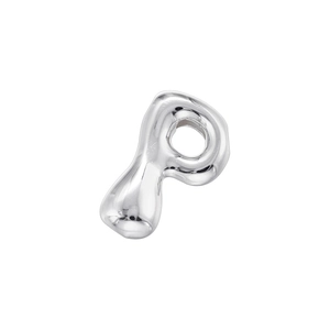 Macro detail of silver fluid-style letter P pendant with high mirror polish finish
