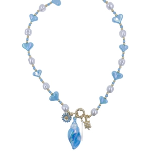 Collana marina placcata oro 18k con conchiglia blu, perle a cuore, perle e tartaruga