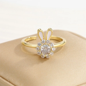 Adjustable golden bunny ring with rotating flower zircon for women anxiety relief