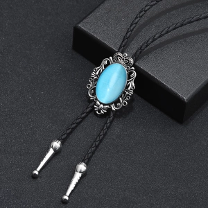 Vintage Western Cowboy Bolo Tie Alloy Oval Synthetic Stone Pendant Adjustable Braided PU Leather Cord Necktie Jewelry