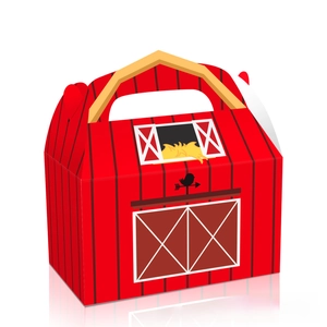 Detail of red barn party gift box featuring cartoon farm windows and wooden handle