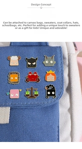 Detail of colorful cartoon enamel pins featuring zodiac animals on a blue canvas bag